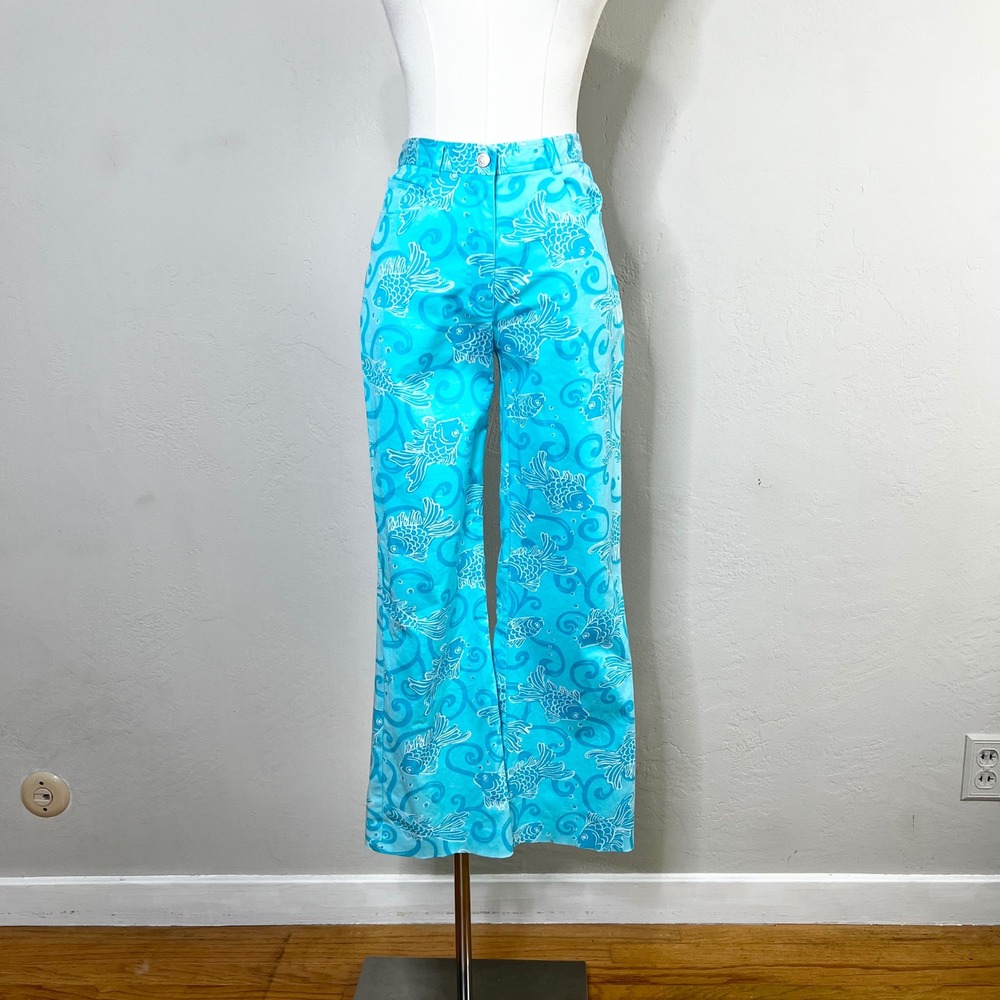 Lilly Pulitzer Pants Size 0 Blue‎ Fish Print Cotton Stretch Flare Leg Cropped